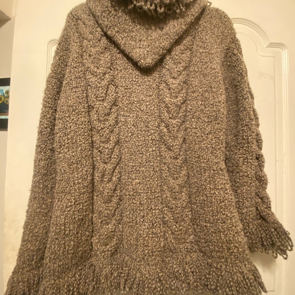 Native American Taupe Wool Chunky Zip Cardigan Sweater Fringe Boho Hippie Hood - Picture 6 of 9